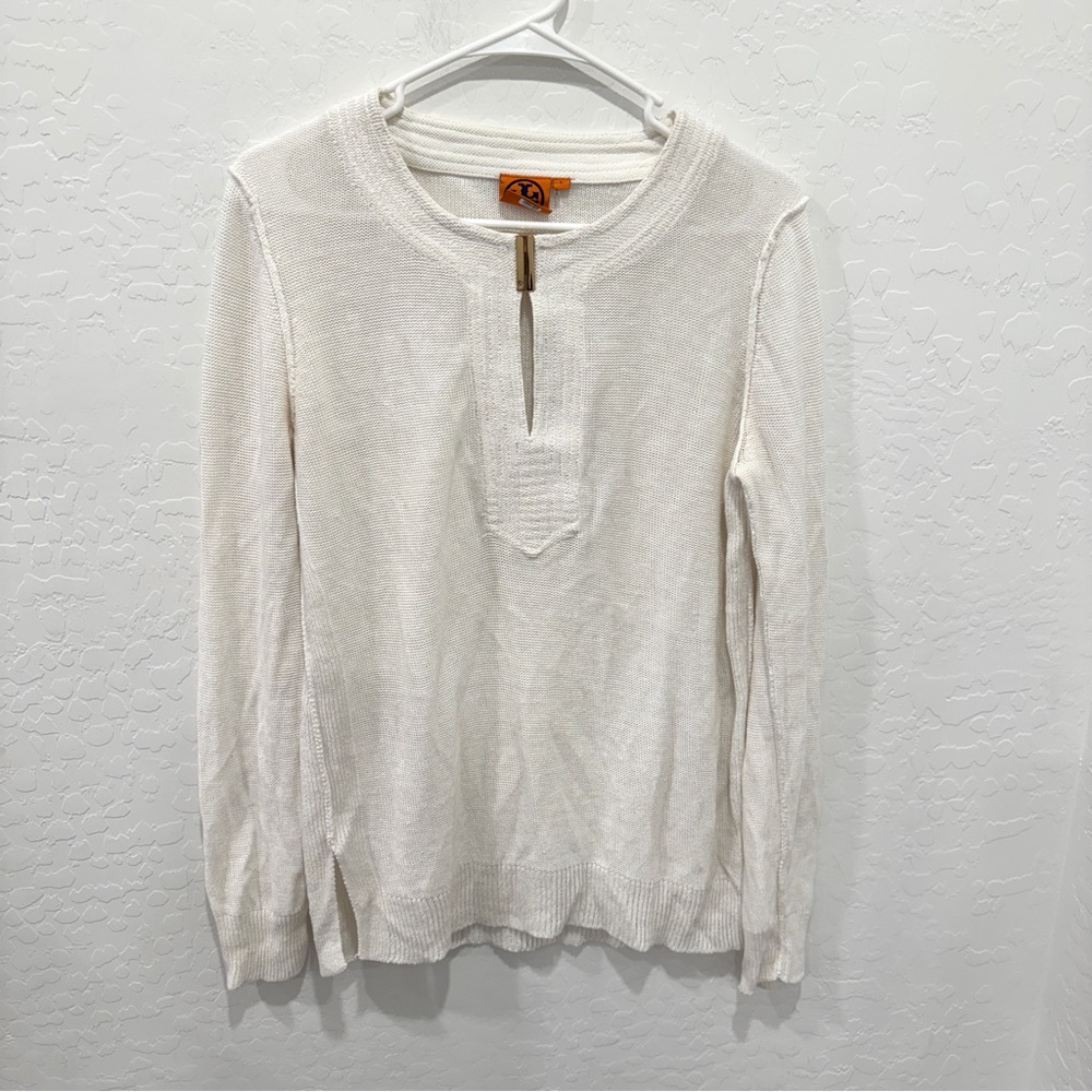 Tory Burch White Blouse Womens Large Knit Linen Preppy Coastal